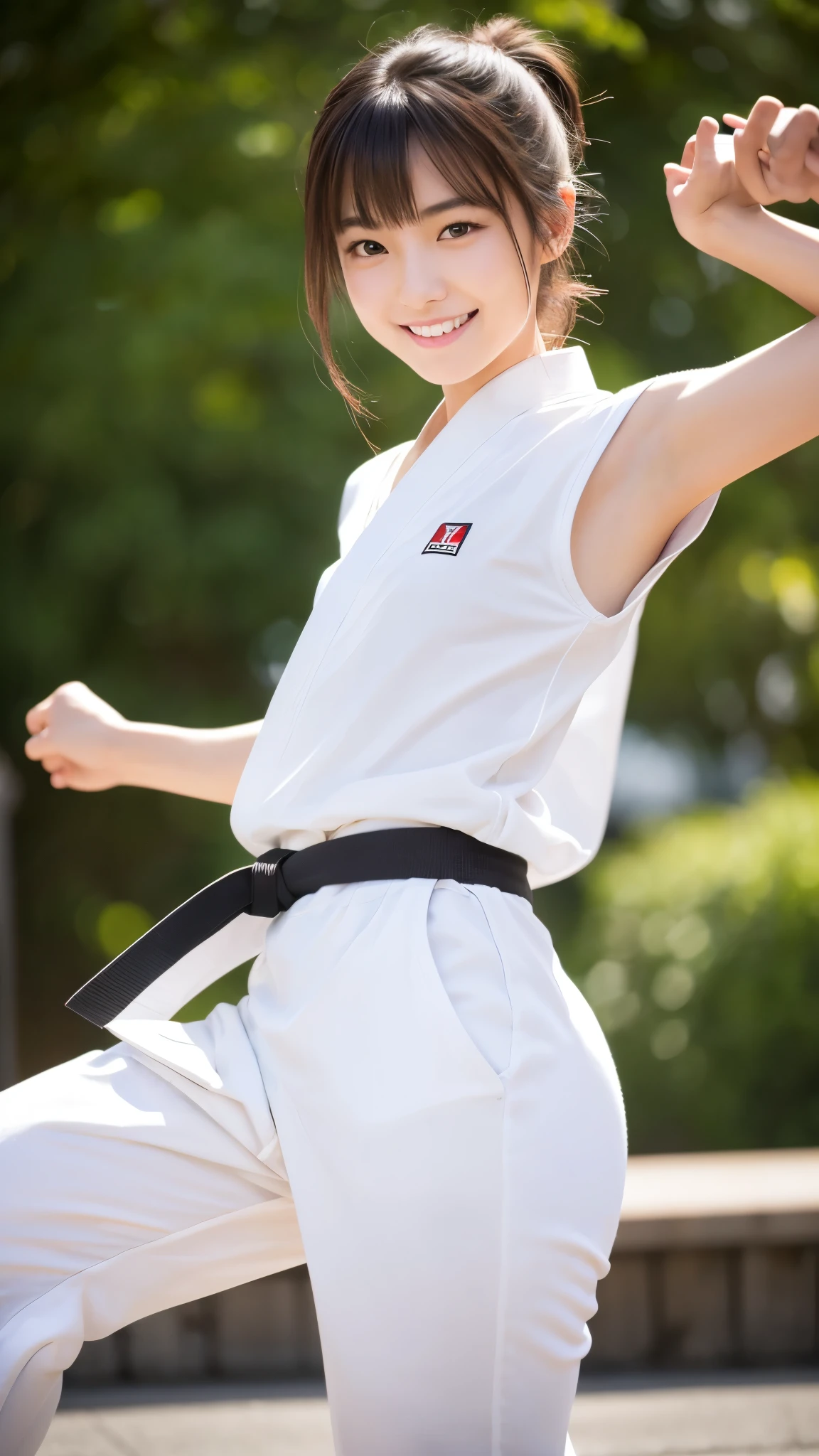 (RAW Photos:1.2), (Realistic), Beautiful detailed girl, Very detailed eyes and face, Beautiful and beautiful eyes, Large file size, High resolution, Very detailed, highest quality, [Tabletop:1.6], shape, Very detailed, The finer details, highest quality, 8K Dende Wallpaper, Cinema Lighting,Fighting arena in the background、20 year old slim and muscular woman, Female Fighter, Karate pose, Outdoor Martial Arts Tournament, hang on, Uniform, 彼女の柔Uniform, ponytail, Serious expression, The body is slim, Young Face, , Stadium