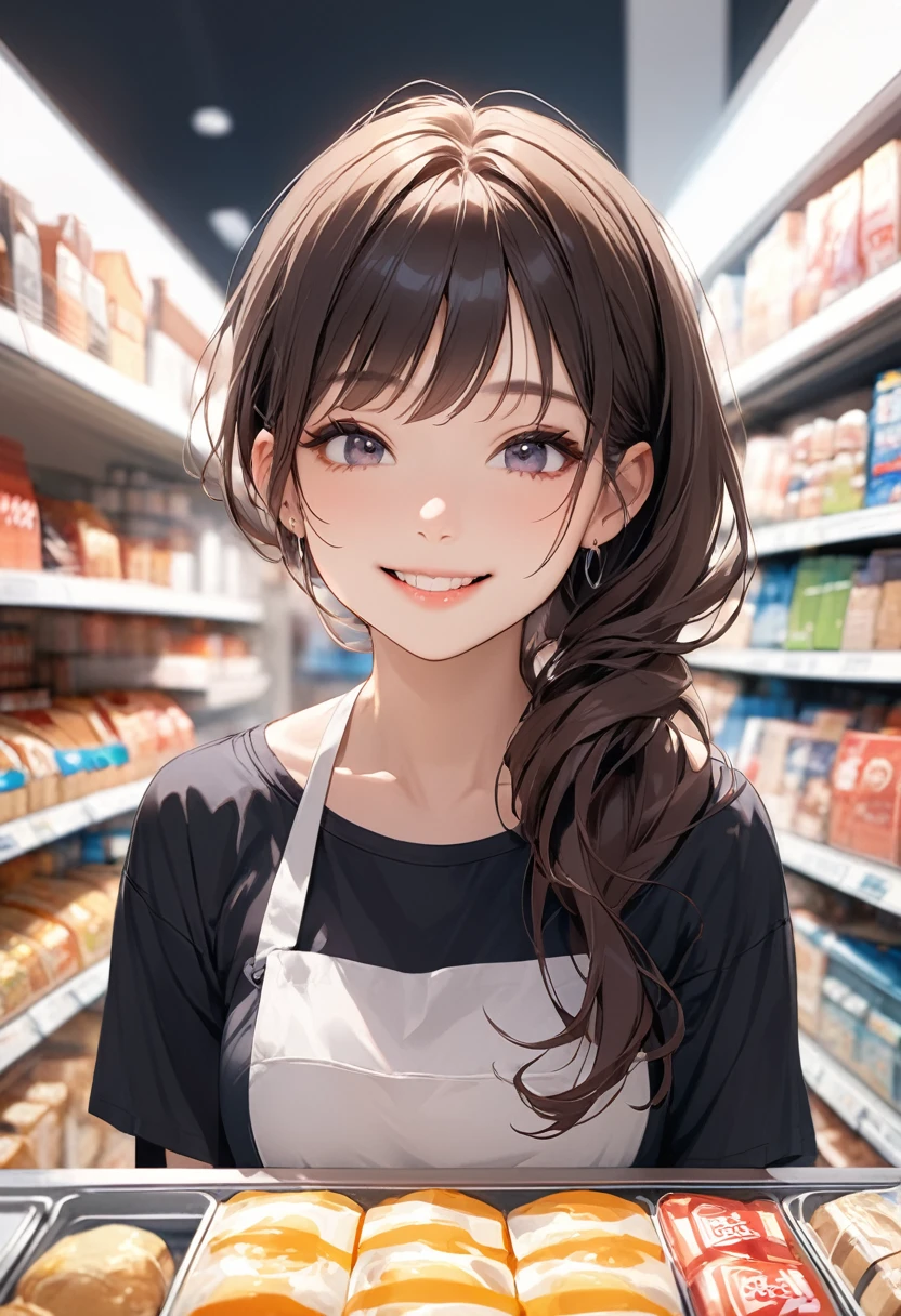 (masterpiece:1.3, top-quality, ultra high res, ultra detailed), (realistic, photorealistic:1.4), beautiful illustration, perfect lighting, natural lighting, colorful, depth of fields,
beautiful detailed hair, beautiful detailed face, beautiful detailed eyes, beautiful clavicle, beautiful body, beautiful chest, beautiful thigh, beautiful legs, beautiful fingers, shiny skin, babyface,
looking at viewer, 1 girl, japanese, convenience store clerk, (perfect anatomy, anatomically correct, super detailed skin), cute and symmetrical face, perfect face, perfect eyes, perfect fingers,
(middle hair:1.2, updo hairstyle:1.2, long sidelocks, brown hair), asymmetrical bangs, grey eyes, long eyelashes, (medium breasts, seductive thighs), slender, outstanding style,
(detailed cloth texture, colorful shirt, convenience store uniforms),
(beautiful scenery), (displayed items, bright interior, female clerk at the counter, feel-good background music, well-cleaned floors, delicious looking side dishes, items around the cash register), walking, (vibrant, lovely smile, open mouth small),