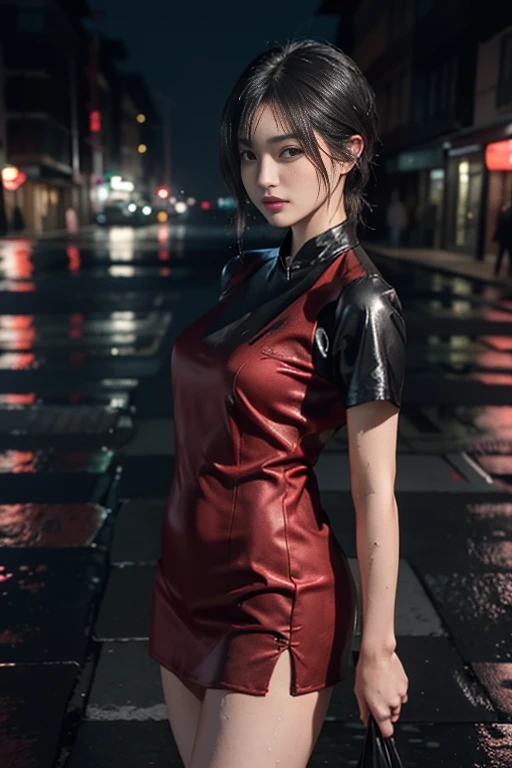 Dynamic 8K) (黒いぼろぼろのshortWet髪) Red silk mini dress、short、Sweet and sensual、Street Art、rain、Wet