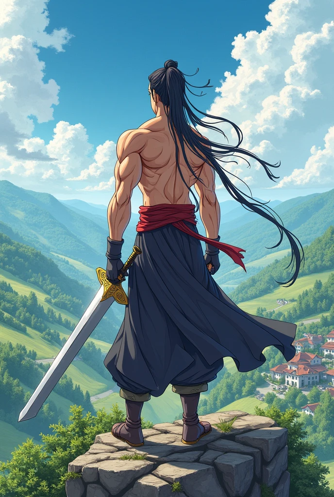A muscular man with long hair like an anime style samurai stands resting in an ancient Japanese setting next to a waterfall with a huge sakura tree nearby. He is crying as his huge hair is blown away by the winds that blow against him.