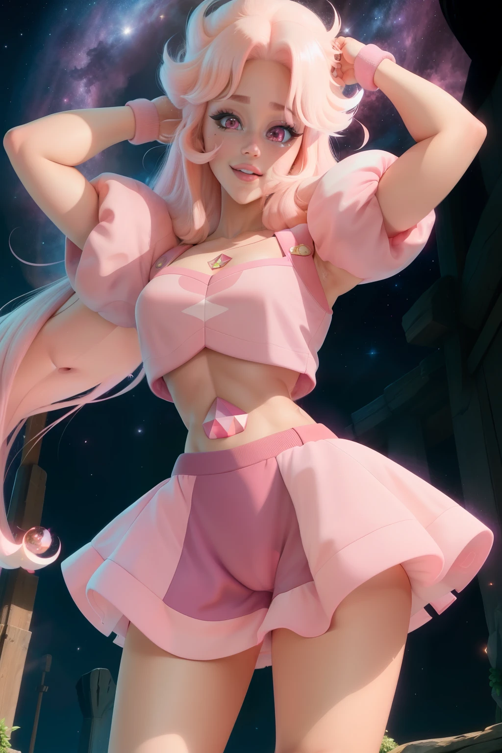 pnkdamond, pink hair, Pink eyes,  long hair,  stomach gem,  pink skin,  toned, 
puffy short sleeves, elbow gloves ,  white thighs,   Puffy Dress, 
standing, upper body, 
 outer space,  
(incredibly detailed, beautiful detailed face,beautiful detailed eyes, masterpiece, best quality) Cinematic lighting,  smile, 
 