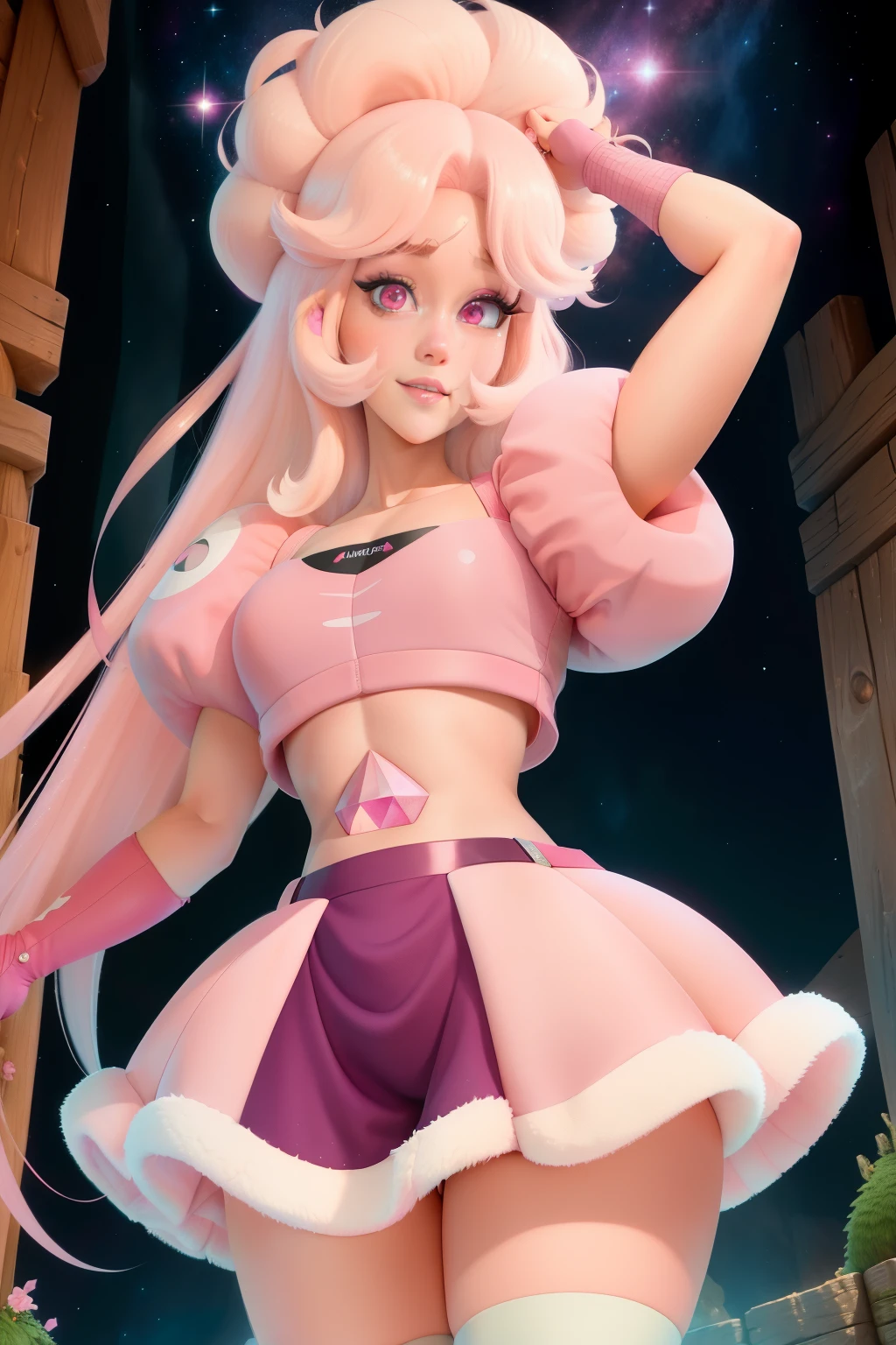 pnkdamond, pink hair, Pink eyes,  long hair,  stomach gem,  pink skin,  toned, 
puffy short sleeves, elbow gloves ,  white thighs,   Puffy Dress, 
standing, upper body, 
 outer space,  
(incredibly detailed, beautiful detailed face,beautiful detailed eyes, masterpiece, best quality) Cinematic lighting,  smile, 
 