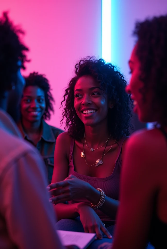 Four 20-year old sexy, hot Nigerian female prostitutes discussing with a 30-year old African man in a bar.