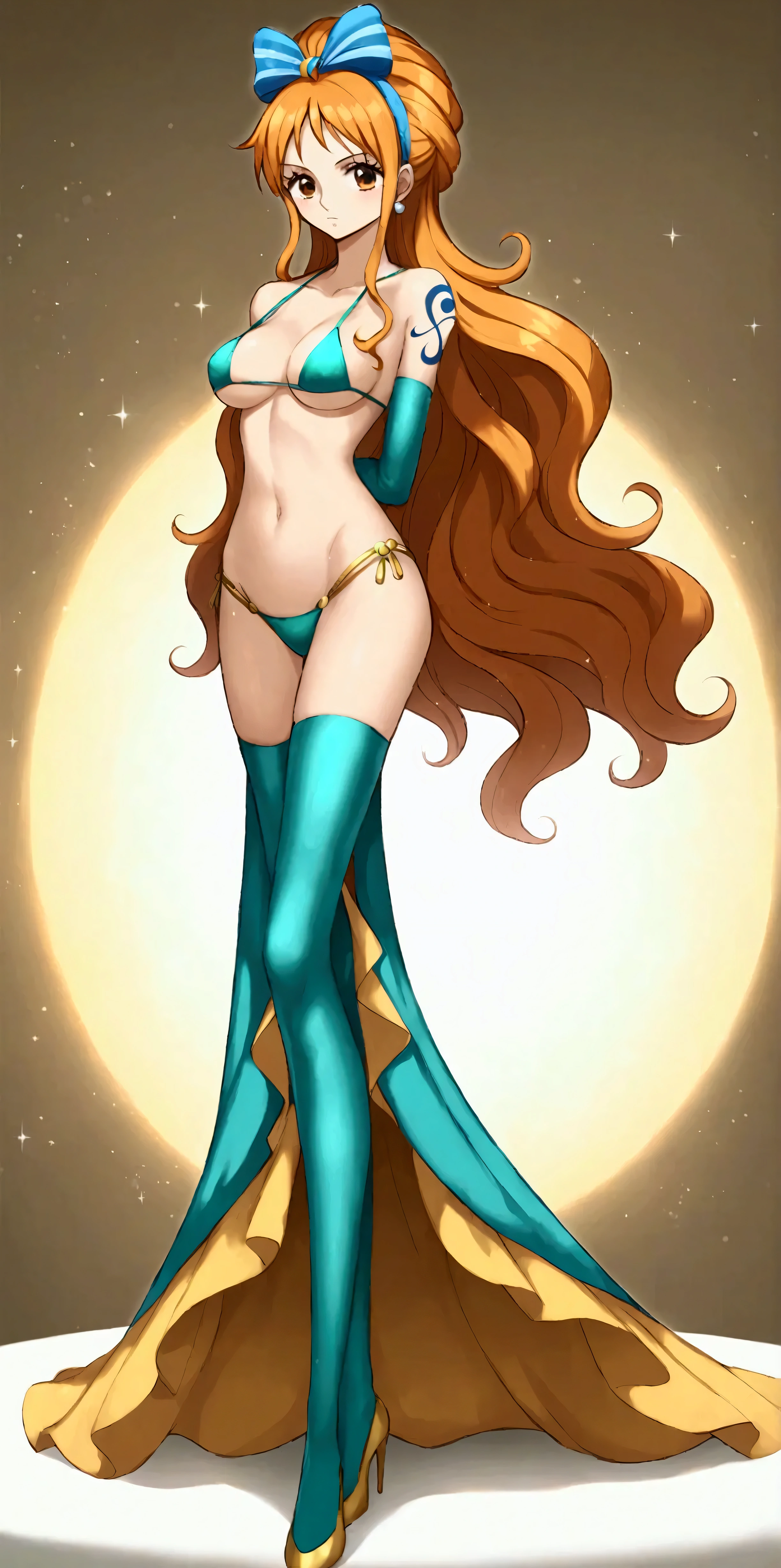 Create an abstract creative arts design, (inspired by the art of Moebius), little Nami in a metallic green micro bikini, (Nami), One Piece, orange eyes, perky round breasts, long flowing orange hair, yellow eyes, full body, (anime), manga, sexy, sparkles, ((long flowing orange hair)), ((Glitter Dust)),dynamic shadows, masterpiece, Shimmers, clear details, (arms behind back), best quality, perfect anatomy, 8k, porcelain doll, sexual gaze, standing, contrapposto, ((straight on)), tall, slender, long legs, metallic green thigh highs, sexy submissive, heavy blushing, metallic gold background, ((backlit)), ((luminescence)), ((ethereal)),