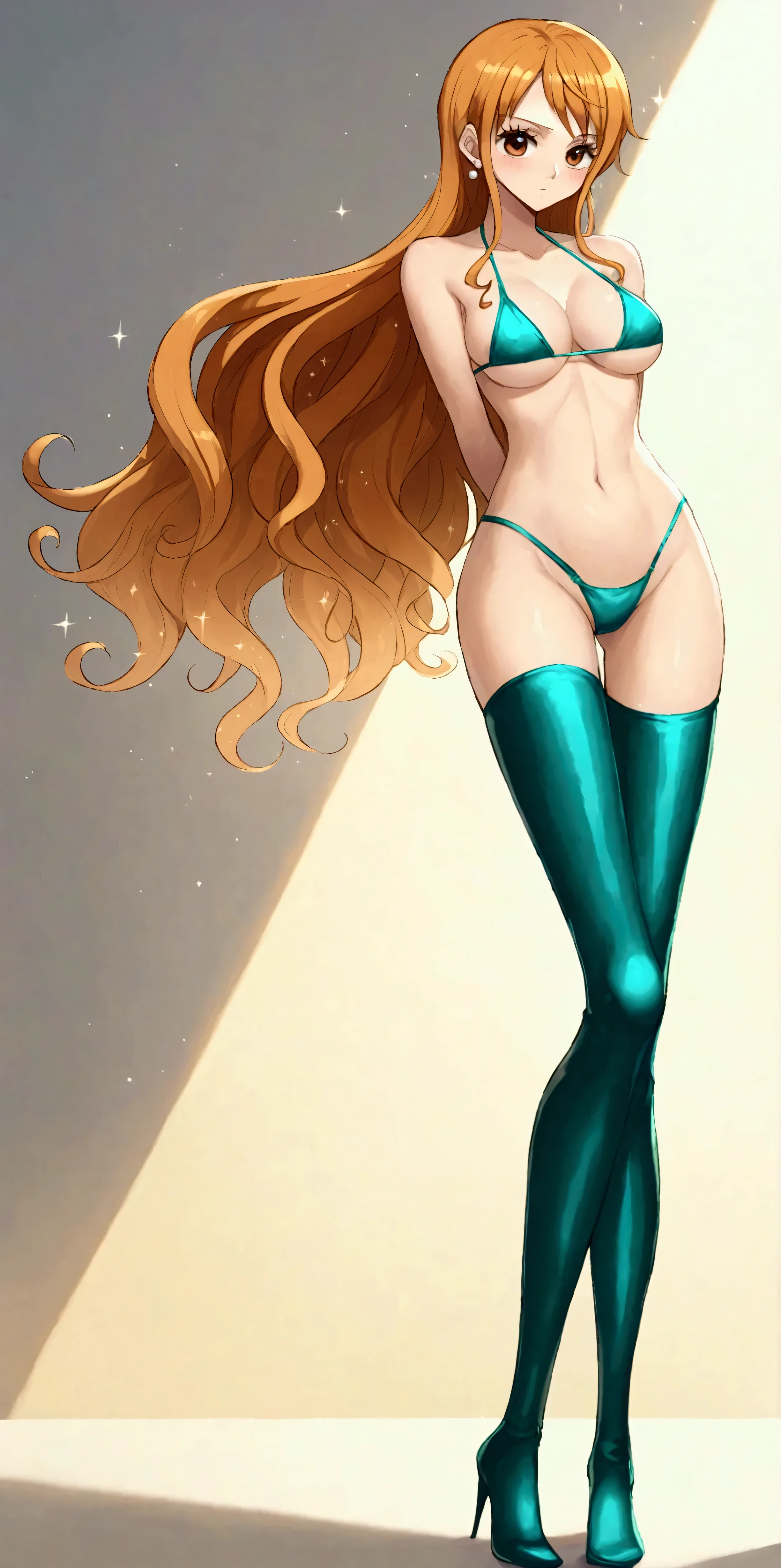 Create an abstract creative arts design, (inspired by the art of Moebius), little Nami in a metallic green micro bikini, (Nami), One Piece, orange eyes, perky round breasts, long flowing orange hair, yellow eyes, full body, (anime), manga, sexy, sparkles, ((long flowing orange hair)), ((Glitter Dust)),dynamic shadows, masterpiece, Shimmers, clear details, (arms behind back), best quality, perfect anatomy, 8k, porcelain doll, sexual gaze, standing, contrapposto, ((straight on)), tall, slender, long legs, metallic green thigh highs, sexy submissive, heavy blushing, metallic gold background, ((backlit)), ((luminescence)), ((ethereal)), 

