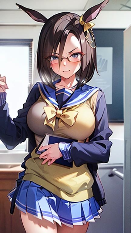 girl with、underpants、huge tit、a smile、Glasses、opening legs、braid