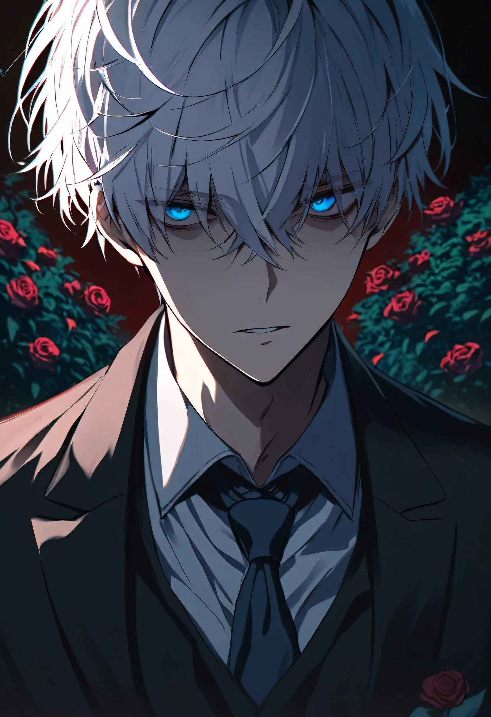handsome, Alone, 1 male、、Attractive eyes、masterpiece, Best quality,He is looking in this direction.、White hair, short hair, Bright, deep blue eyes, Yandere, garden background, Rose, night, dark atmosphere, dark lighting, Be serious, black suit, Keep your mouth shut