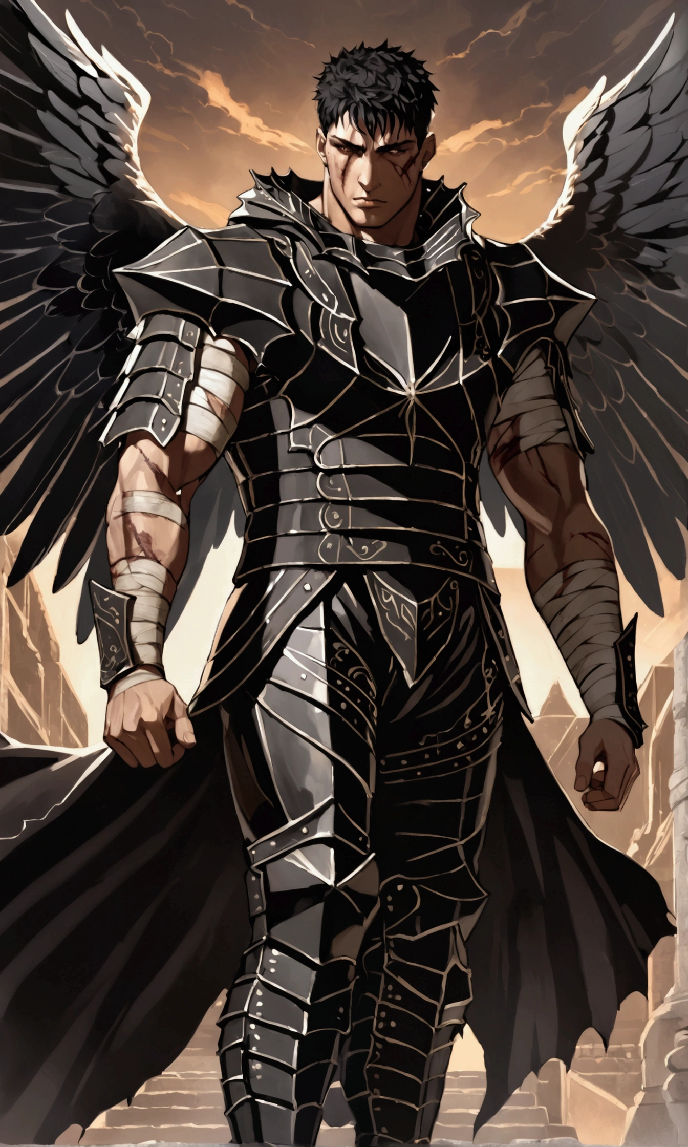 black angel wings，a muscular man in black armor with bandages, facing the viewer, with masculine characteristics, scars and wounds, First shepherd, sharp focus, illustration，light sweat \(Furiosa\) 