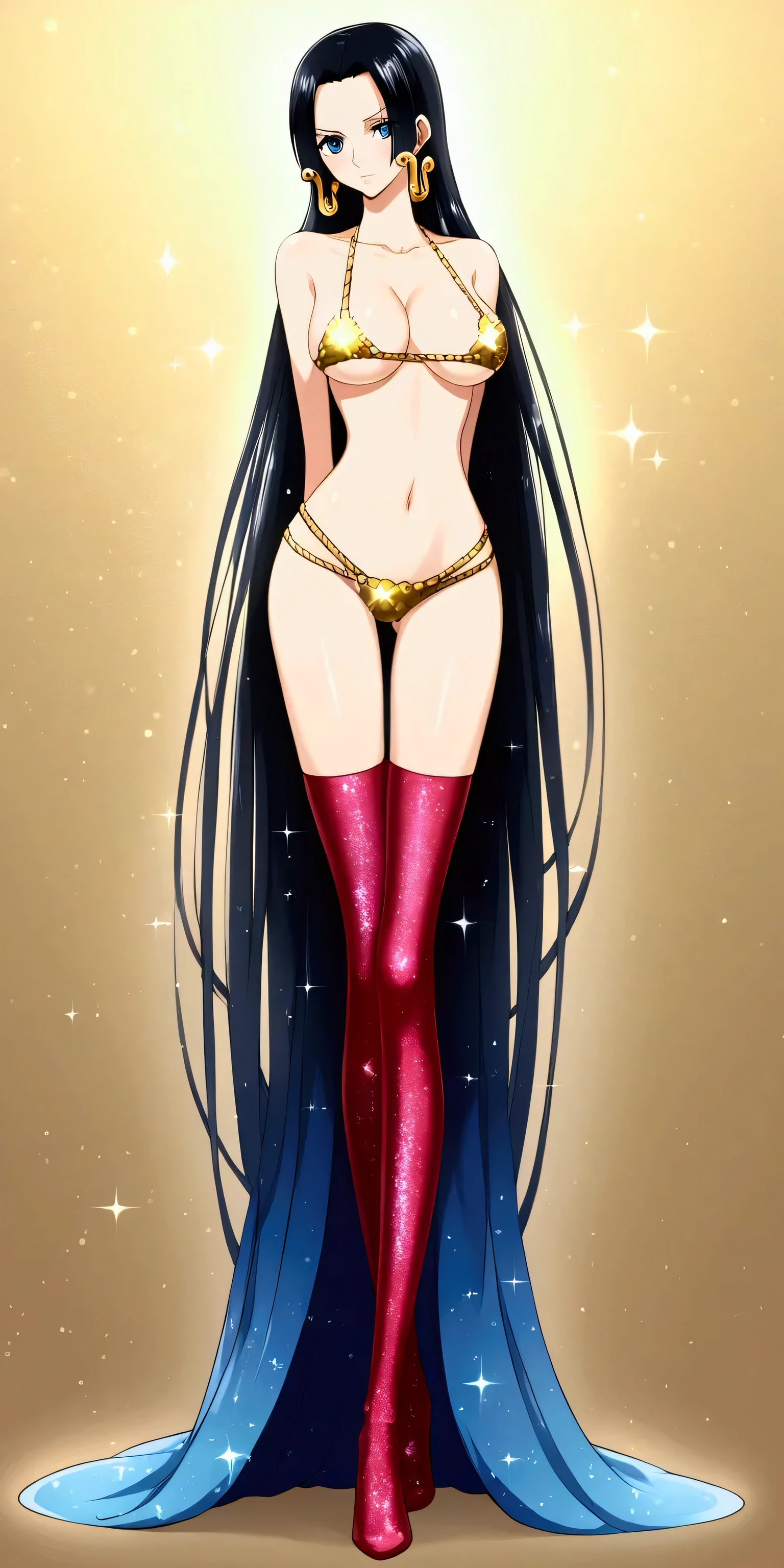 Create an abstract creative arts design, (inspired by the art of Moebius), little boa hancock in a metallic red micro bikini, (Boa Hancock), One Piece, blue eyes, perky round breasts, black hair, full body, (anime), manga, sexy, sparkles, ((long flowing black hair)), ((Glitter Dust)),dynamic shadows, masterpiece, Shimmers, clear details, (arms behind back), best quality, perfect anatomy, 8k, porcelain doll, sexual gaze, standing, contrapposto, ((straight on)), tall, slender, long legs, metallic red thigh highs, sexy submissive, heavy blushing, metallic gold background, ((backlit)), ((luminescence)), ((ethereal)),