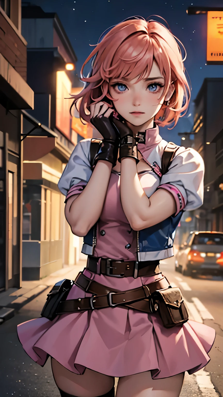 1girl,cowboy shot, beautiful nora_valkyrie, looking at viewer, sad, short hair, blue eyes,heart cutout, gloves,  jacket, pink skirt, pink belt, short sleeves, puffy sleeves, single armband, fingerless gloves, orange hair, pink gloves, dynamic pose, night, outdoors, city, (volumetric lighting), best quality, masterpiece, intricate details, tonemapping, sharp focus, hyper detailed, trending on Artstation,