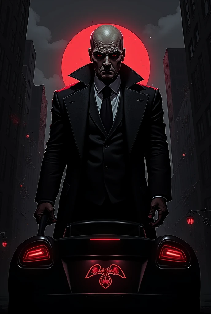 high quality, highres, absurdres, man,black suit, smoking, blurry background, angry, evil smile, evil grin, black white background, simple background, black background, satan, satanic, red, black, red and black, evil, bioshock \(series\),