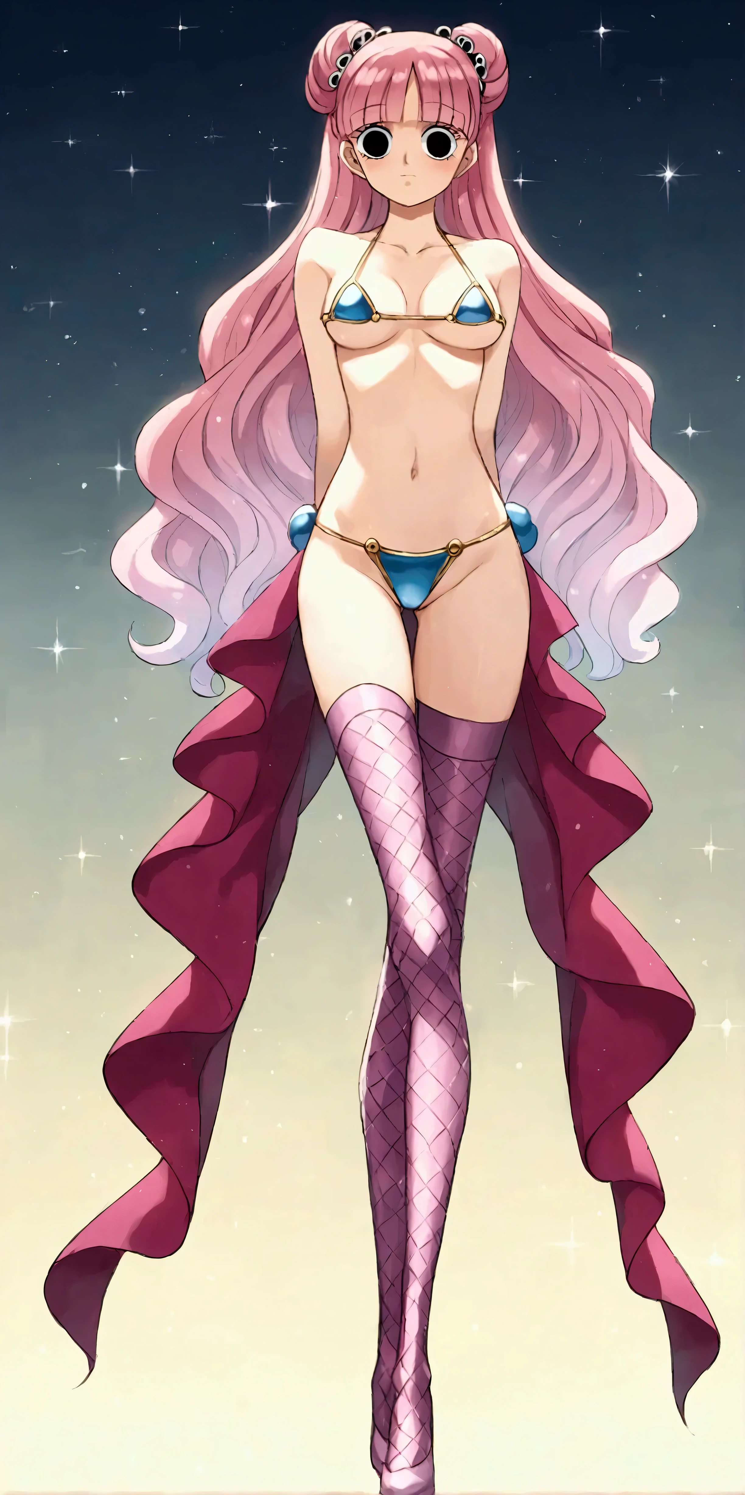 Create an abstract creative arts design, (inspired by the art of Moebius), little Perona in a metallic pink micro bikini, (Perona), One Piece, black eyes, perky round breasts, pink hair, black eyes, full body, (anime), manga, sexy, sparkles, ((long flowing pink hair)), ((Glitter Dust)), dynamic shadows, masterpiece, Shimmers, clear details, arms behind back, best quality, perfect anatomy, 8k, porcelain doll, sexual gaze, standing, contrapposto, ((straight on)), tall, slender, long legs, metallic pink thigh highs, sexy submissive, heavy blushing, metallic gold background, ((backlit)), ((luminescence)), ((ethereal)),