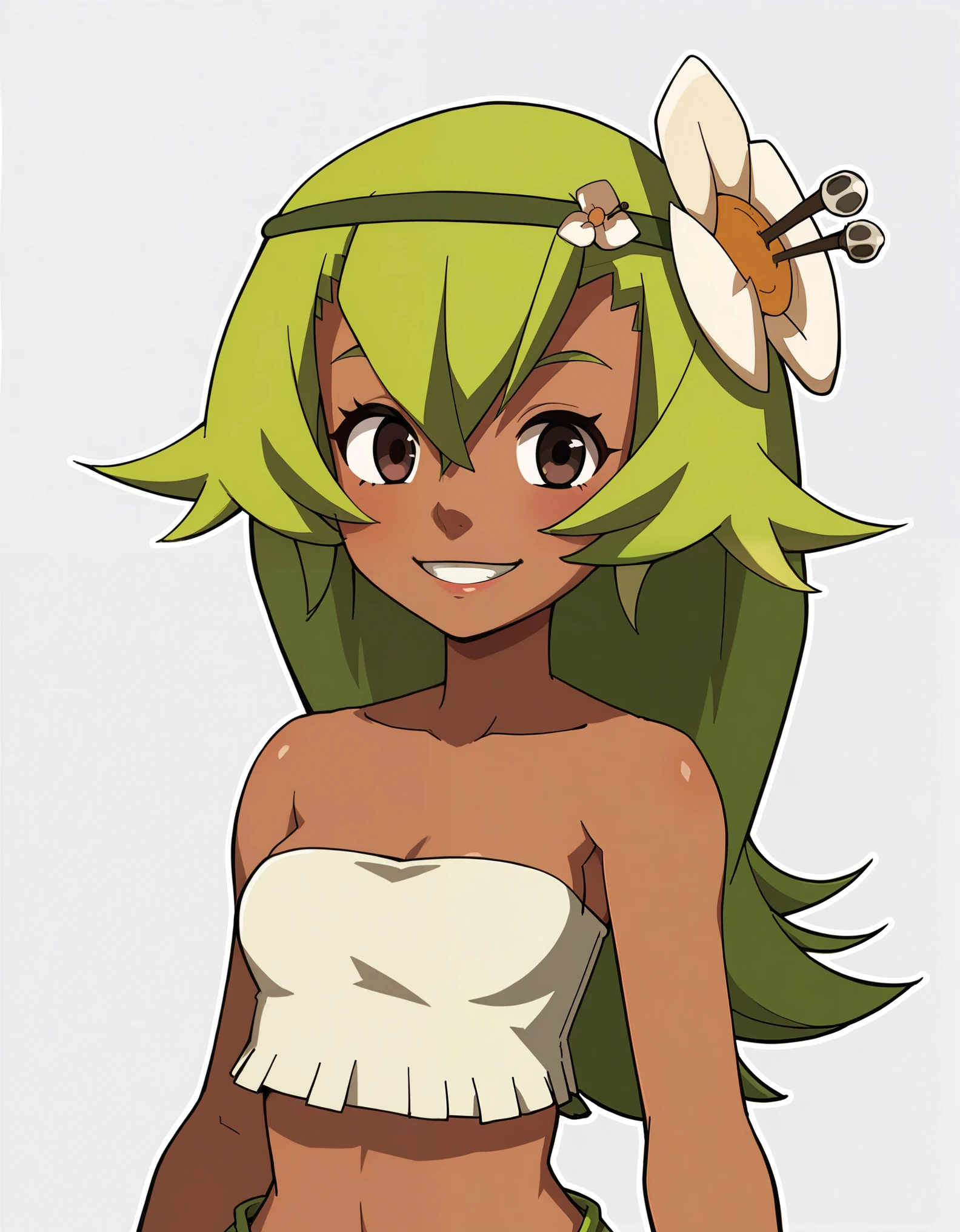 score_9, score_8_up, score_7_up, score_6_up, BREAK, source_cartoon, source_anime, 1girl, SadidaDG, amalia sheran sharm,, green hair, long hair, hair flower, dark skin, bare shoulders, tube top, upper body, smile, looking at viewer, solo, simple background