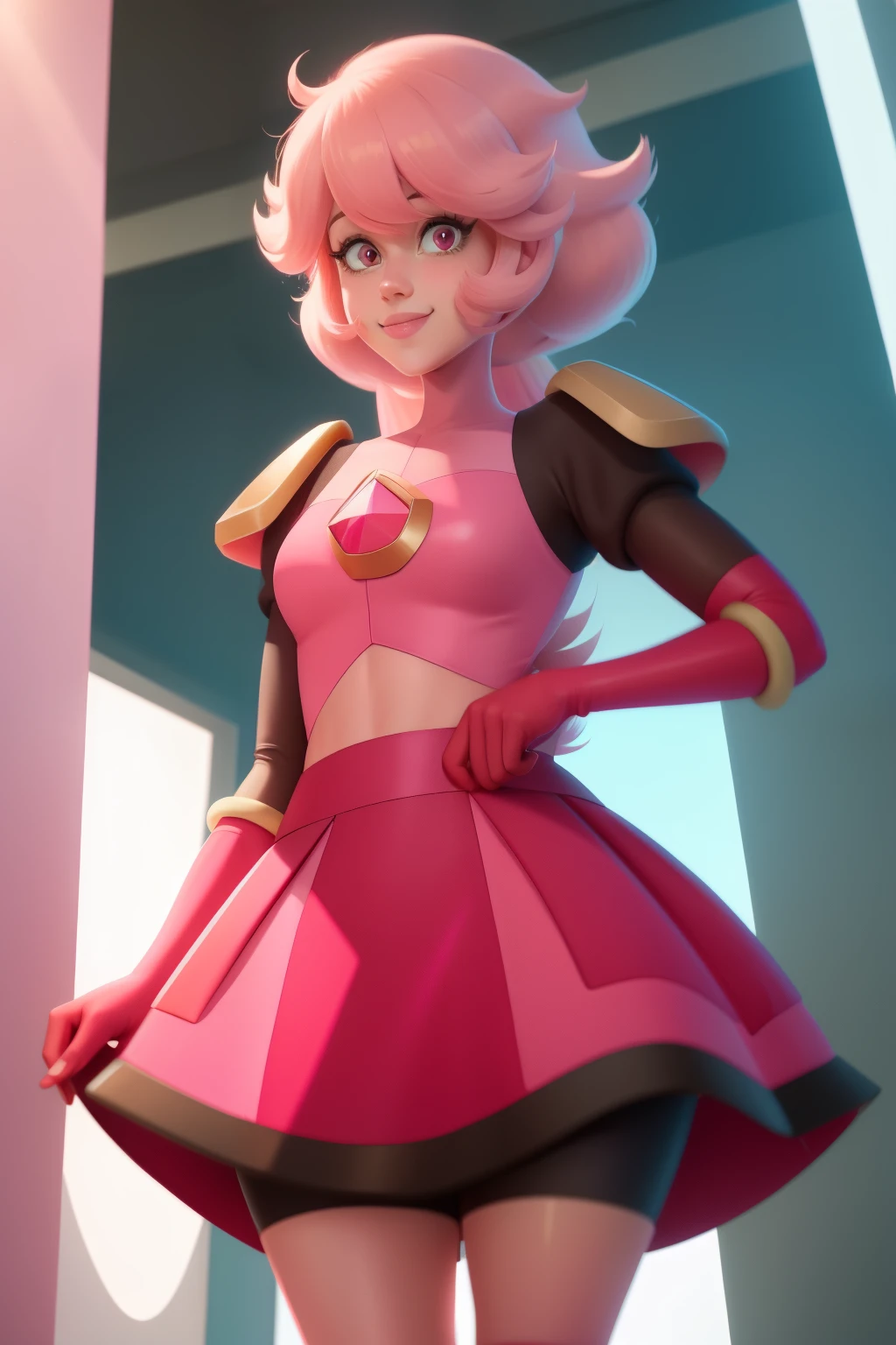 pnkdamond, pink hair, Pink eyes,  long hair,  stomach gem,  pink skin,  toned, 
puffy short sleeves, elbow gloves ,  white thighs,   Puffy Dress, 
standing, upper body, 
 outer space,  
(incredibly detailed, beautiful detailed face,beautiful detailed eyes, masterpiece, best quality) Cinematic lighting,  smile, 
 