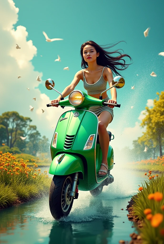 Biggest forest background, and 20 years old girl nude, blue detalied etes, medium beautiful hair,  sitting on Yellow Color VESPA of front, with name "SELENA" write on number plate, art painting realistic photo with high resolution.