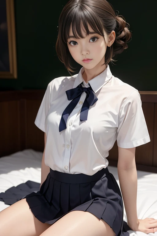 (highest quality, masterpiece:1.3), shape, ((Beautifully detailed face)), beautifully detailed skin, Intricate details, Very detailed, Best image quality in 8K, The true picture () (18 year old high school girl:uniform,White short sleeve shirt,Red tie,Pleated skirt,White socks) (Small breasts), ,Japanese Girls,One Girl,,(Detailed Hair,Bobcut,Black Hair),Detailed lips,Open your mouth,(Lying in bed,Sleep on your back:1.2,Spread your legs,Top View),Detailed legs,Beautiful legs,Beautiful hip line,blush,Embarrassing,Realistic Face,Realistic Skin,(sexy:1.2,Clothes are disheveled),(Vibrant Skin,Moisturized Skin:1.2),Vivid lips,Lip gloss