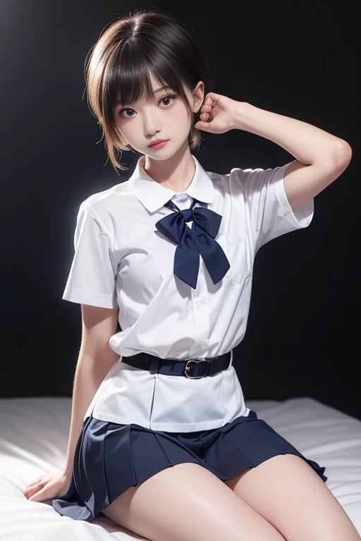 (masterpiece, best quality:1.2), cowboy shot, solo, 1girl, shirai hinako, expressionless, closed mouth, looking at viewer, own hands together, , serafuku, plaid skirt