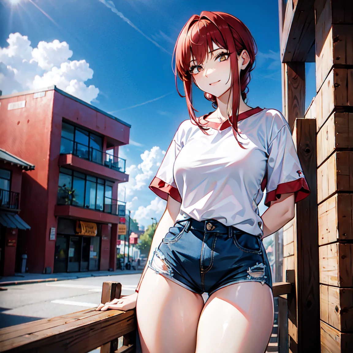 A makima,Red hair, wearing a long shirt that hits the thighs,and short shorts, It is written on the shirt "Lola".