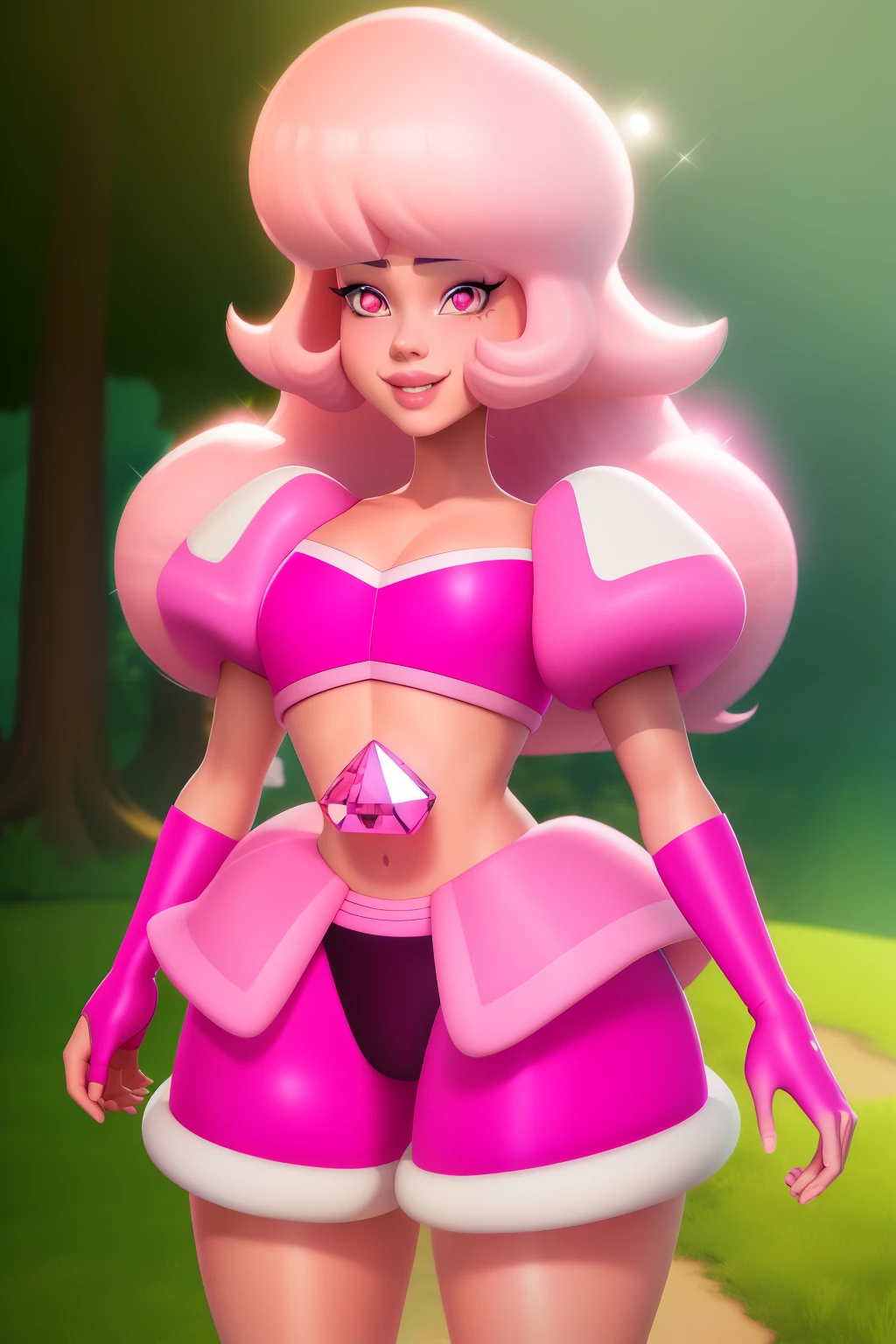 pnkdamond, pink hair, Pink eyes,  long hair,  stomach gem,  pink skin,  toned, 
puffy short sleeves, elbow gloves ,  white thighs,   Puffy Dress, 
standing, upper body, 
 outer space,  
(incredibly detailed, beautiful detailed face,beautiful detailed eyes, masterpiece, best quality) Cinematic lighting,  smile, 
 