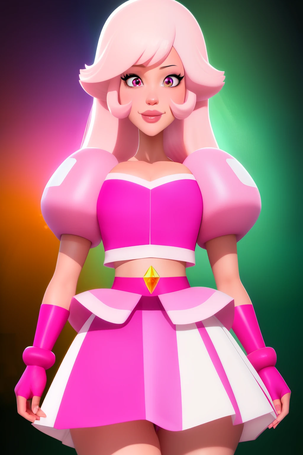 pnkdamond, pink hair, Pink eyes,  long hair,  stomach gem,  pink skin,  toned, 
puffy short sleeves, elbow gloves ,  white thighs,   Puffy Dress, 
standing, upper body, 
 outer space,  
(incredibly detailed, beautiful detailed face,beautiful detailed eyes, masterpiece, best quality) Cinematic lighting,  smile, 
 