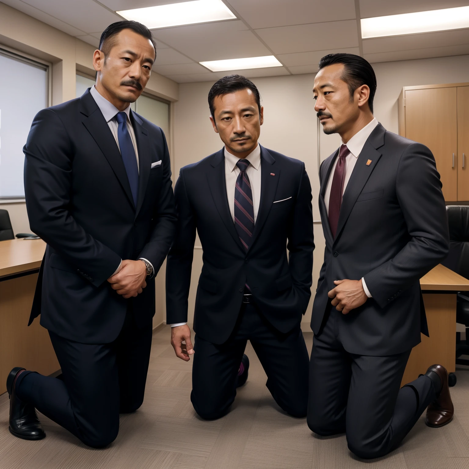 50yearsold，Hidetoshi Nakata，（Kogoro Mouri 1.3），Shirtless，Tong，Bulge，office room，black long socks，Thin，musculature，lbeard，fortitude，artwork of a，tmasterpiece，k hd，ssmile，tightsuit，Business suit，Kneeling，two guys，hand behind head