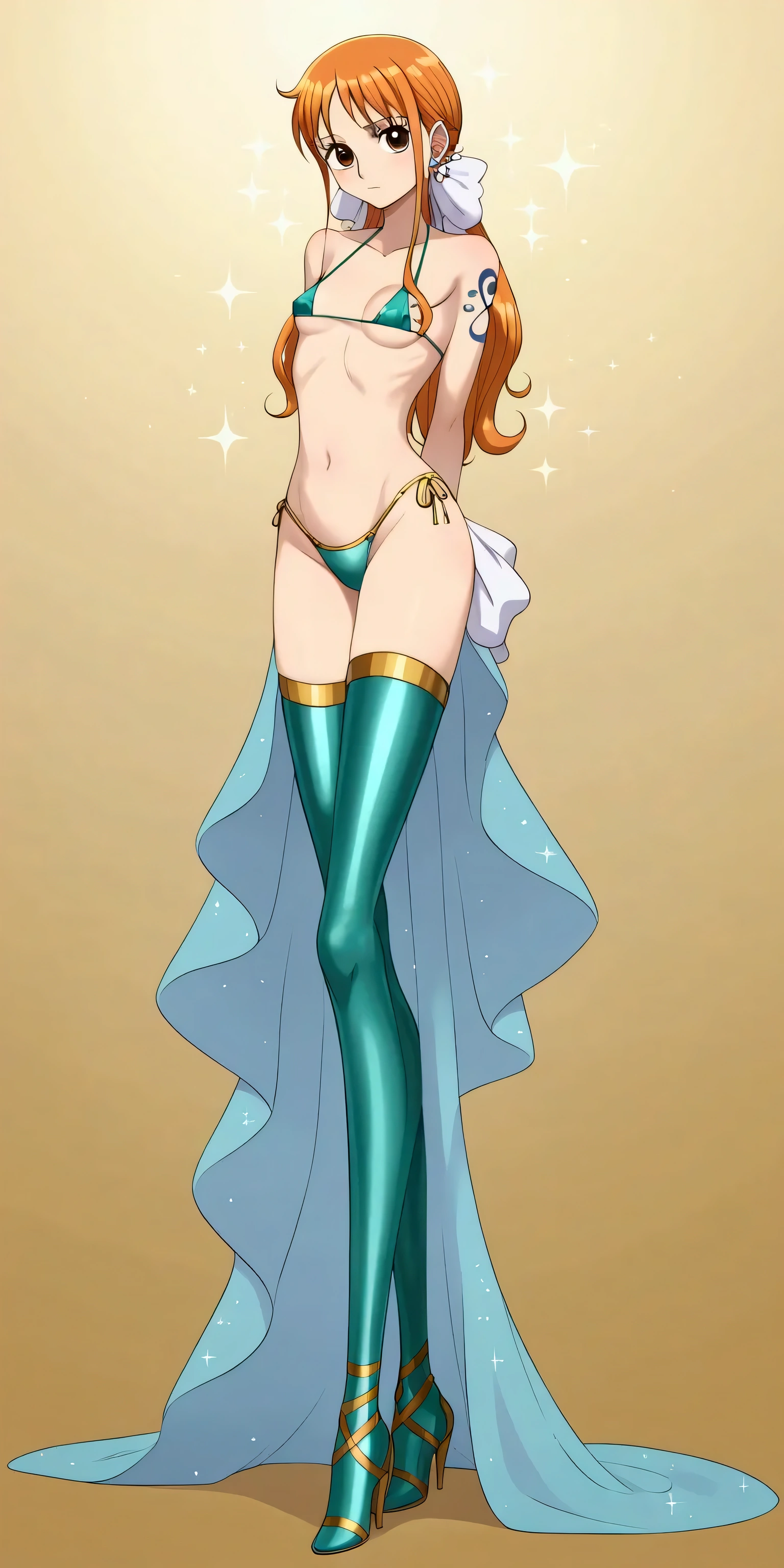 Create an abstract creative arts design, (inspired by the art of Moebius), little Nami in a metallic green micro bikini, (Nami), One Piece, orange eyes, small breasts, long flowing orange hair, yellow eyes, full body, (anime), manga, sexy, sparkles, ((long flowing orange hair)), ((Glitter Dust)),dynamic shadows, masterpiece, Shimmers, clear details, (arms behind back), best quality, perfect anatomy, 8k, porcelain doll, sexual gaze, standing, contrapposto, ((straight on)), tall, slender, long legs, metallic green thigh highs, sexy submissive, heavy blushing, metallic gold background, ((backlit)), ((luminescence)), ((ethereal)),