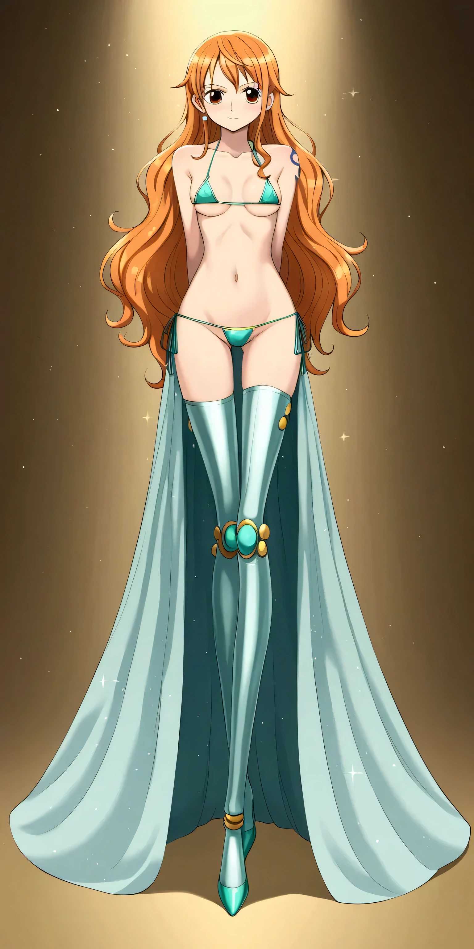 Create an abstract creative arts design, (inspired by the art of Moebius), little Nami in a metallic green micro bikini, (Nami), One Piece, orange eyes, small breasts, long flowing orange hair, yellow eyes, full body, (anime), manga, sexy, sparkles, ((long flowing orange hair)), ((Glitter Dust)),dynamic shadows, masterpiece, Shimmers, clear details, (arms behind back), best quality, perfect anatomy, 8k, porcelain doll, sexual gaze, standing, contrapposto, ((straight on)), tall, slender, long legs, metallic green thigh highs, sexy submissive, heavy blushing, metallic gold background, ((backlit)), ((luminescence)), ((ethereal)), 
