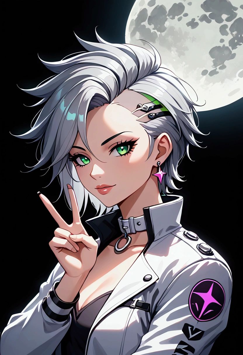 1 girl, alone, colorful, green eyes, cyber punk, Full moon moonlight on black background, peace sign, Earrings, Silver Hair, Have, Neon Signs, Beautiful light, Character Focus, CG illustration, Bust Shot, White collar jacket, 16K resolution, 1060P, Very detailed, Anatomically correct, Digital Painting, Concept Art, Clear images, 