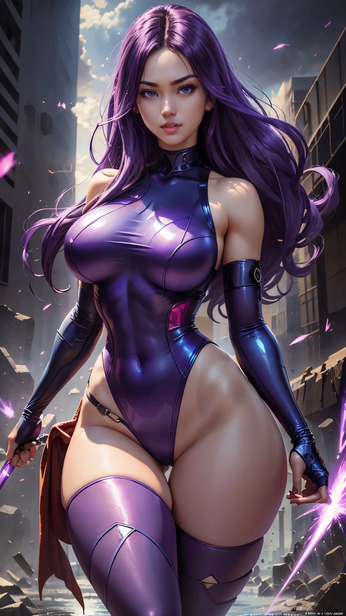 Psylocke da Marvel,(best qualityer,4K,8k,high resolution,work of art:1.2)(weather: raining), new york background, city ruins, long curly hair, purple hair, sleeveless leotard, arm long fingerless gloves, long belt, thigh high stockings, high heels, light makeup, flirting pose, ultra detailed,portrait,realistic,beautiful detailed blue eyes, beautiful detailed lips,extremely detailed eye and face, long eyelashes,average, large breasts,flying hair,beaming smile, sexy smile,powerful girl in combat, bright coloured, dramatic lighting, purple sparks,