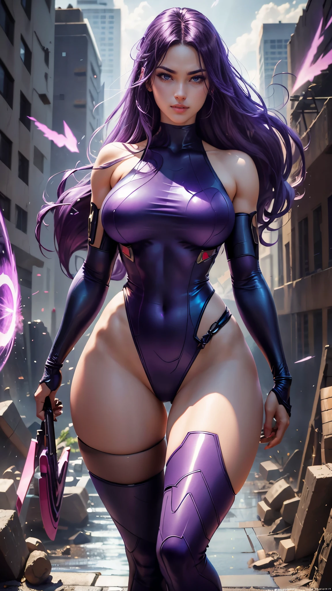 Psylocke da Marvel,(best qualityer,4K,8k,high resolution,work of art:1.2)(weather: raining), new york background, city ruins, long curly hair, purple hair, sleeveless leotard, arm long fingerless gloves, long belt, thigh high stockings, high heels, light makeup, flirting pose, ultra detailed,portrait,realistic,beautiful detailed blue eyes, beautiful detailed lips,extremely detailed eye and face, long eyelashes,average, large breasts,flying hair,beaming smile, sexy smile,powerful girl in combat, bright coloured, dramatic lighting, purple sparks,