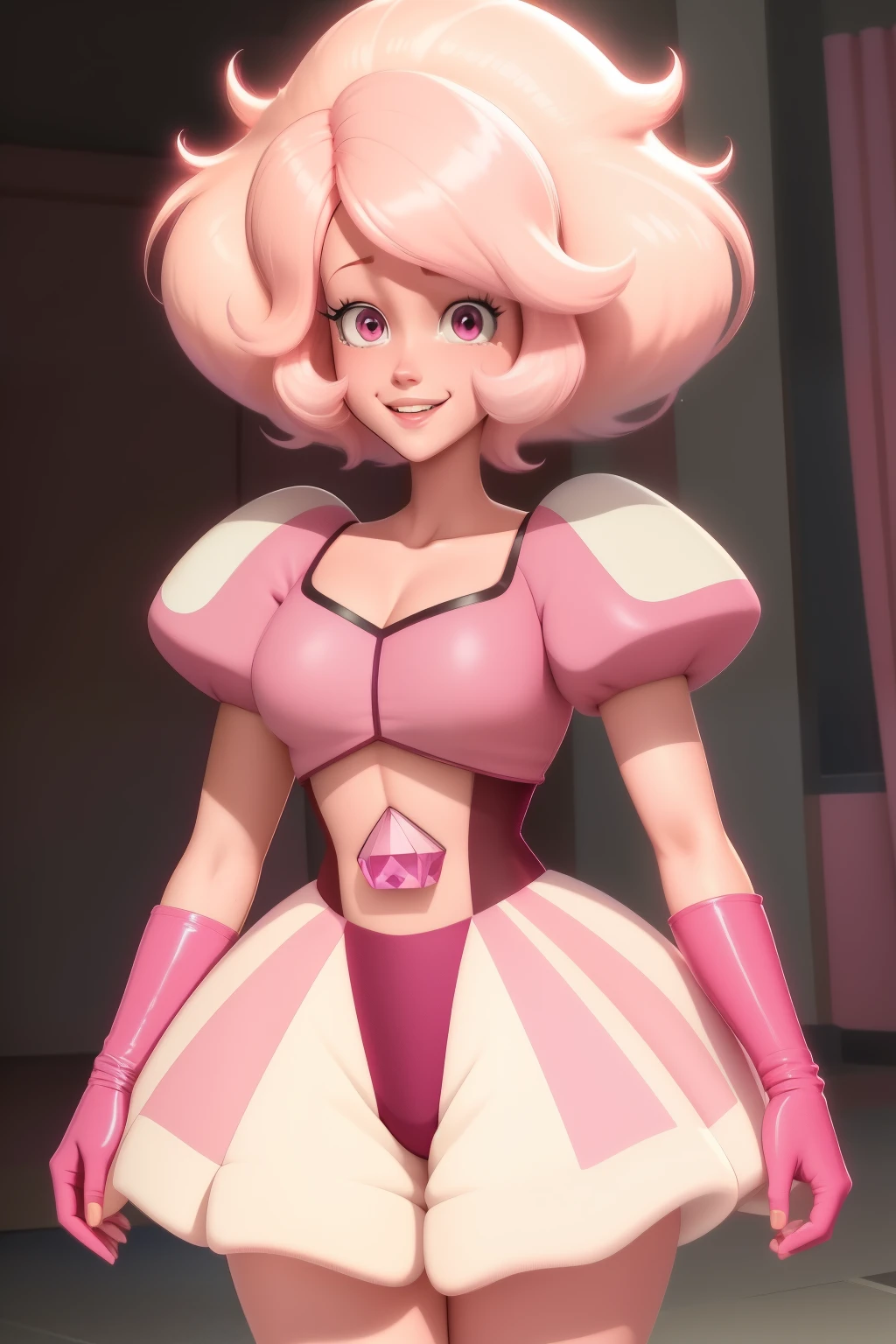 pnkdamond, cabello rosado, Ojos rosados,  Cabello largo,  gema del estomago,  piel rosada,  tonificado, 
mangas cortas hinchadas, guantes de codo ,  muslos blancos,   vestido hinchado, 
de pie, parte superior del cuerpo, 
 espacio exterior,  
(incredibly detailed, hermoso rostro detallado,Hermosos ojos detallados, obra maestra, mejor calidad) cinematic lighting,  sonrisa, 
 
