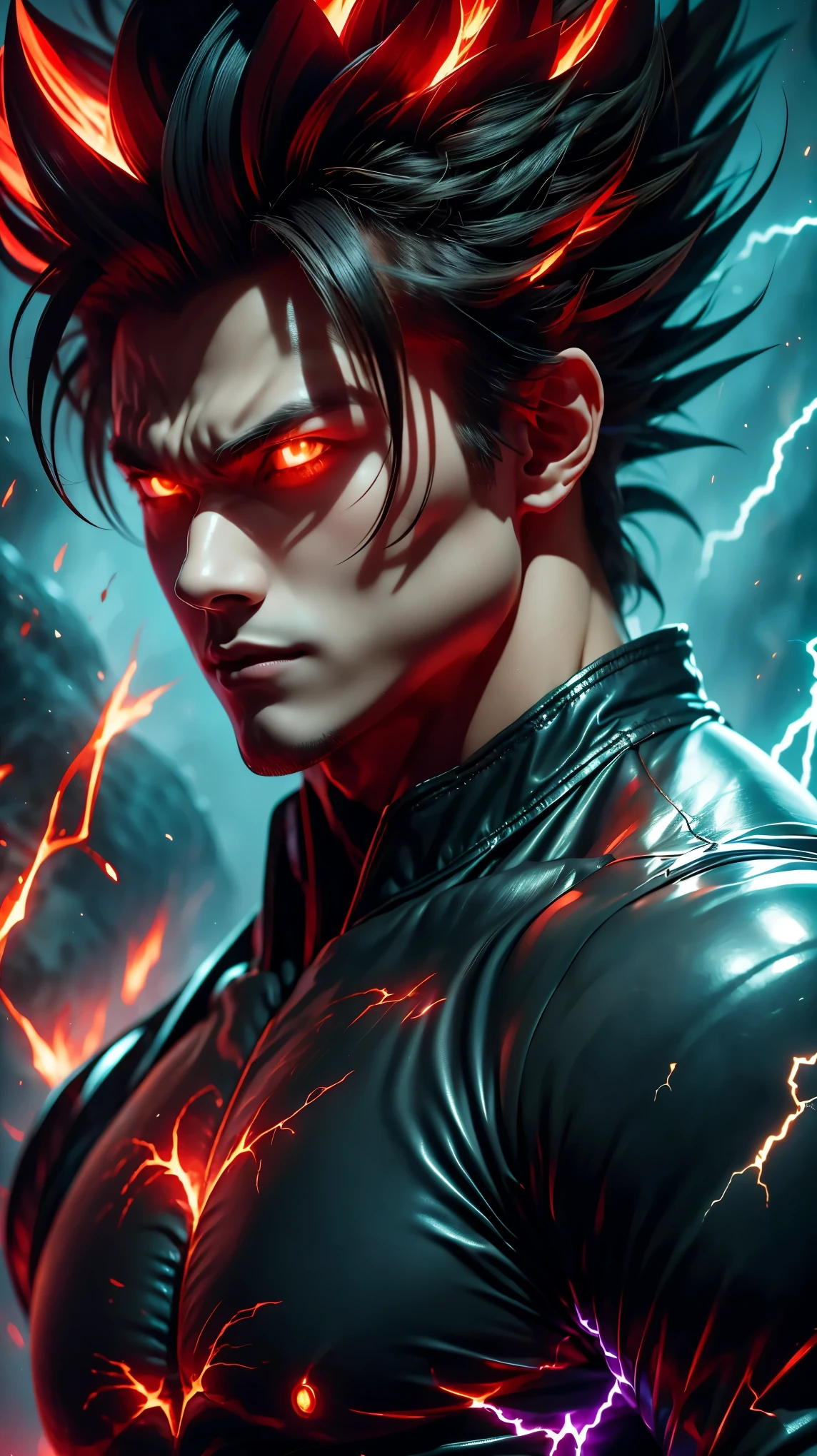 grand anime style, purple lightning, sinister mood, 20-year-old dark assassin, beautiful composition, solo, glowing black aura, dark overseer, handsome face, radiant and majestic. Perfectly sculpted body and complete body structure. Full-body shot of a man with lightning in his hand, a grand anime about a man with purple energy, black dragon armor, in a fighting stance with dark hair and glowing eyes looking at the viewer. Cool Gapmoe Yandere, threatening gaze, Hijikata Toushirou from Gintama, inspired by Masanobu Okumura, the creator of anime art style, Nobutaka Ike, with a night battle unfolding behind him. Highest image quality 16K, detailing everything in 16K.