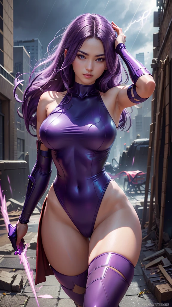 Psylocke da Marvel,(best qualityer,4K,8k,high resolution,work of art:1.2)(weather: raining), new york background, city ruins, long curly hair, purple hair, red belt, sleeveless leotard, arm long fingerless gloves, thigh high stockings, high heels, light makeup, flirting pose, ultra detailed,portrait,realistic,beautiful detailed blue eyes, beautiful detailed lips,extremely detailed eye and face, long eyelashes,average, large breasts,flying hair,beaming smile, sexy smile,powerful girl in combat, bright coloured, dramatic lighting, purple sparks,