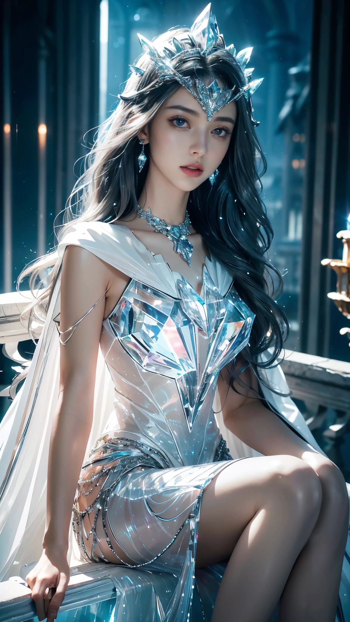Full figure, seven -clinging shooting, 18 years old, wearing science fiction dress, exquisite faces, details, hands, ultimate details, amazing magnificence, LED internal lighting, Pedaipan style, fiber hair, glowing silver iris, glowing silver iris,