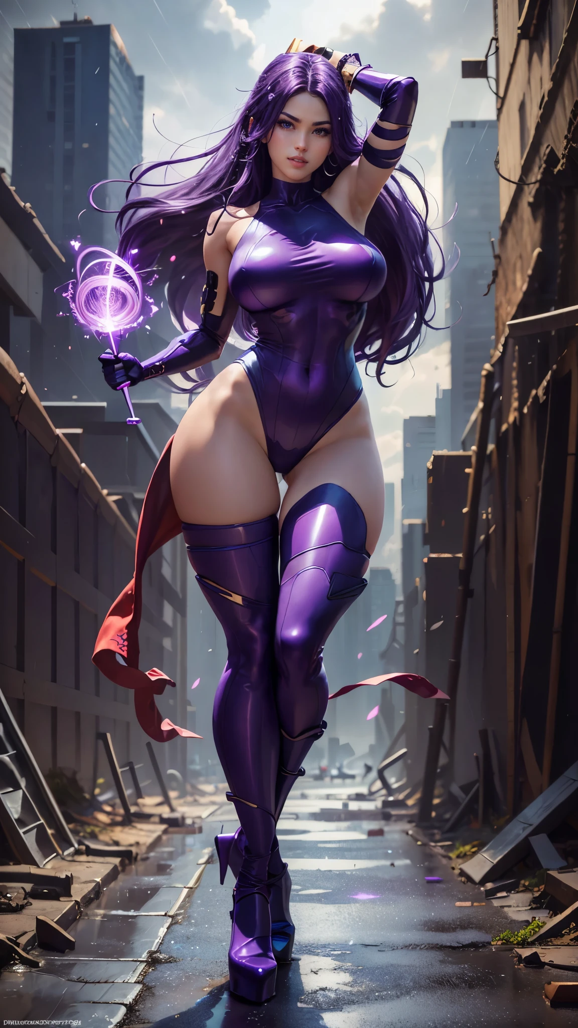 Psylocke da Marvel,(best qualityer,4K,8k,high resolution,work of art:1.2)(weather: raining), new york background, city ruins, long curly hair, purple hair, red belt, sleeveless leotard, arm long fingerless gloves, thigh high stockings, high heels, light makeup, flirting pose, ultra detailed,portrait,realistic,beautiful detailed blue eyes, beautiful detailed lips,extremely detailed eye and face, long eyelashes,average, large breasts,flying hair,beaming smile, sexy smile,powerful girl in combat, bright coloured, dramatic lighting, purple sparks,