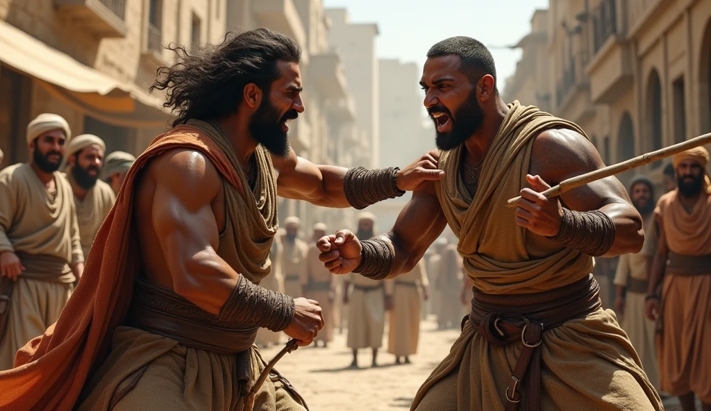 (masterpiece), a man being attacked by two bandits on the road, clothing from the 1st century, set in the 1st century,8k, realistic