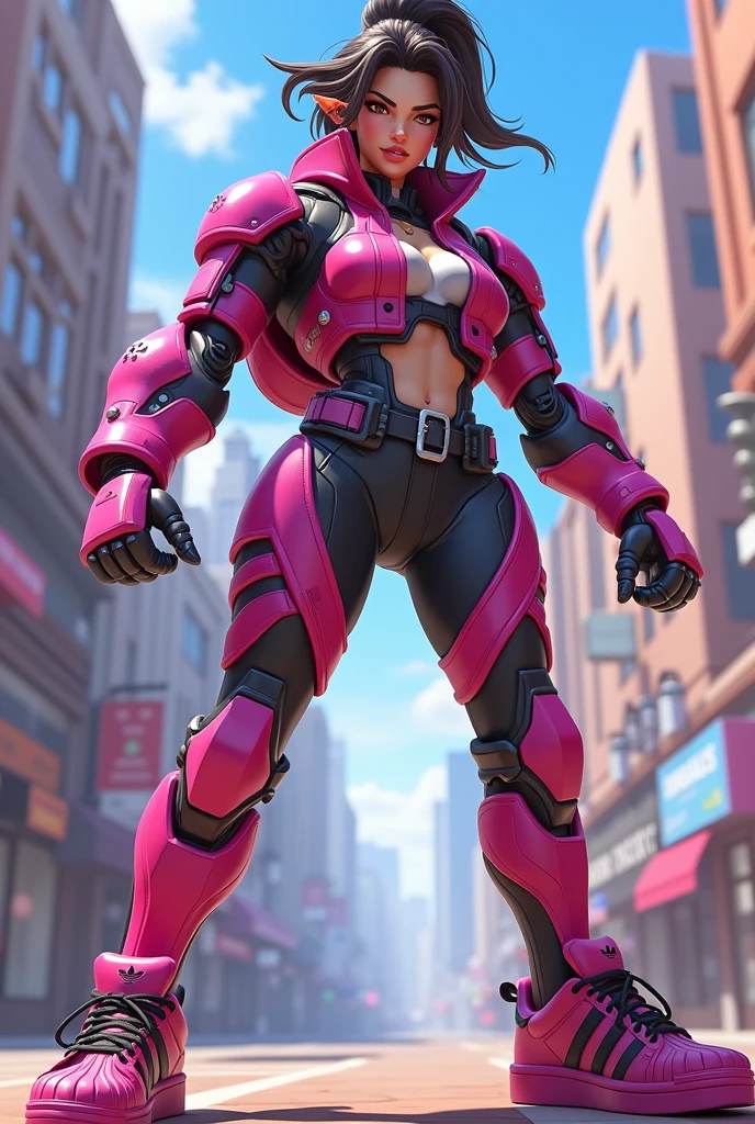 delicate, masterpiece, beautiful detailed, finely detailed, intricate details, (realistic:1.2), (almost no light:1.2), (film noise:1.4), (full body), (looking at viewer:1.2), (heroic pose:1.4), F1.4, 1/800s, ISO 100, (detailed face), (masterpiece), (best quality), (ultra detailed), (illustration), (1girl), (Fashionable clothing), (Highres) (Detailed illustration) Ultra-detailed, blue eye color, light blue eye color, detailed face, detailed glassy eyes, thick eyebrows, hime haircut, Asuka Koukawa, hime hair, straight bangs, light red hair, huge breasts, detailed pink latex bodysuit, shiny pink latex, muscular abdomen, cyborg, teenager, athletic body, muscular, mechanical limbs, oppai, epicanthal folds, monolid eyes, very long hair, windy, windy hair, blowing hair, ninja, smug, smug expression, mischievous smile, showing off butt, juicy butt,