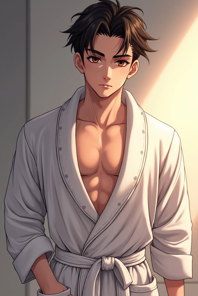 boy, very attractive boy, Mexican ethnicity. tanned skin, jet black hair, carefree smile, carefree expression, young man, alone, marked muscles, beautiful musculature, aesthetic stretch marks, inspiring physique, lean muscles, square pecs, beautiful V-cone, excellent abs and torso, shiny jumpsuit, standing in front, young JEDI Knight (young face) ready to fight, top rated pixiv, wears a jedi robe, (((LOOSE ROBE))) chiseled abs, chiseled pecs, with his jet black military haircut and voluminous collar, narrow waist, open tunic, bare chest, white sclera, blue eyes, hornless, brave superhero, human face, beautiful, young. City background, skyscraper, futuristic city, night, stars, night lights, skill image, looking at the viewer, jedi whose presence inspires trust and respect. (((His Jedi tpunica color is black and brown.))) (((((LOOSE ROBE))) (((Back))) firm muscular thighs, round buttocks and firm round butt.