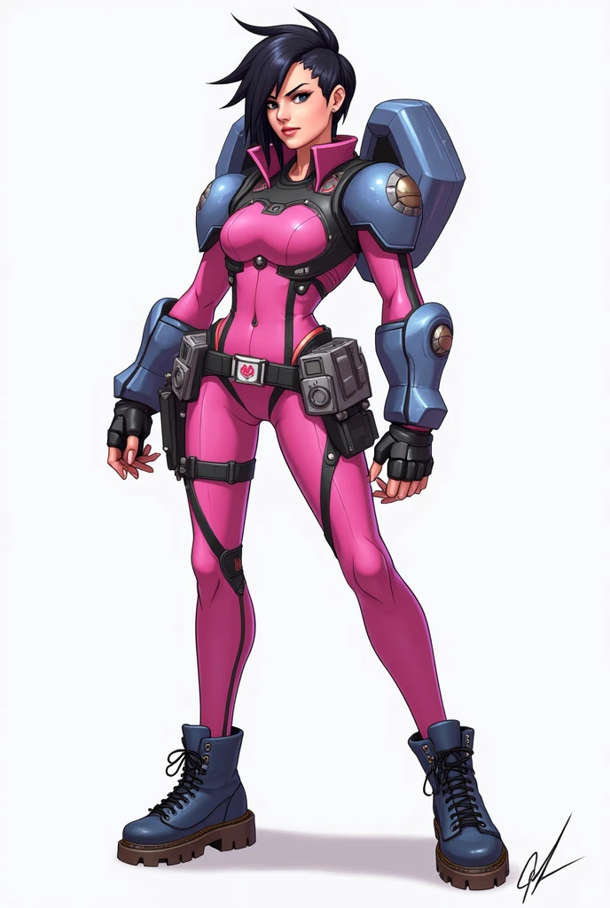 1 female, front view, pink hair, full body, feisty look realistic lips, neon blue techno spandex, small waist, wide hips, , exposed cleavage, fighting pose, pink tactical belt, standing in front of a mecha, hourglass figure, annoyed, in a jungle, short hair, best quality

