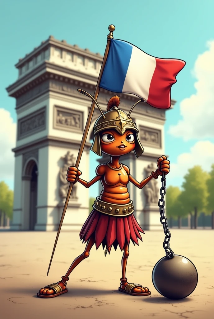 apron, artist name, blue skin, boots, bottomless, colored skin, france, multicolored skin, navel, skin fang, solo, striped shirt, upper body, vertical-striped shirt, big tits <lora:france:1>