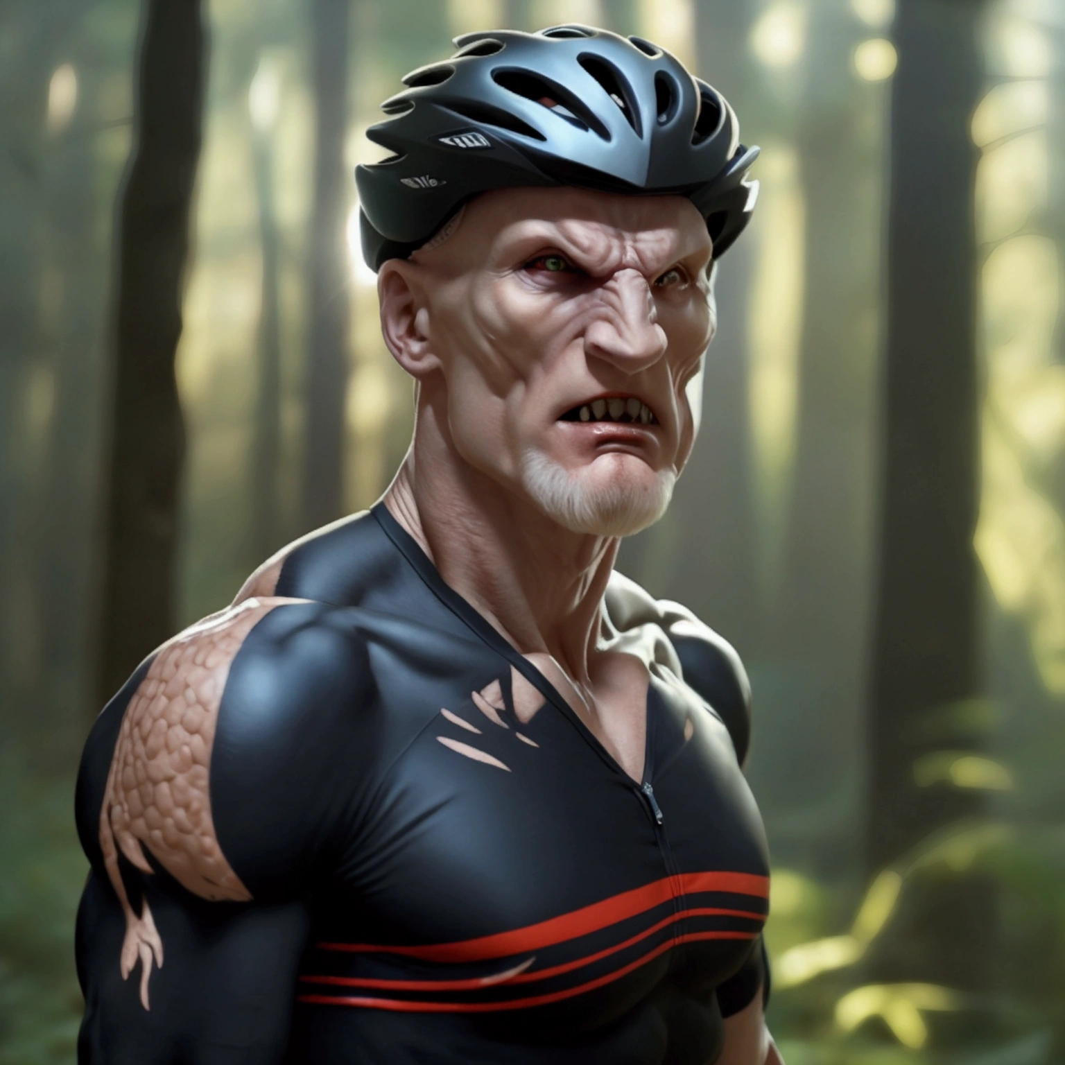 Cinematic movie-poster: Full body of a giant Colm Feore standing in a a forest, red hair, freckles, extremly handsome middle-aged face, slender muscles, he's wearing a tight fitted cycling jersey singlet with tight cycling shorts, wearing a bicycle helmet, he has a very big crotch bulge indicating that he is very well endowed, protruding crotch bulge, large feet, his legs are in frame, titan, homoerotic, towering figure, enormously tall, long torso, long legs, sharp teeth, pale skin, chalk-white skin, beard, veiny arms, scaly face, scars across his torso, dark black eyes, defined muscles, zatyr-legs, , big muscles, low body-fat, small nipples, athletic build, masculine, brooding, stunning details, stunning photography, 4k quality, high resolution, high definition, cinematic, we see the entire body of the man in the photo