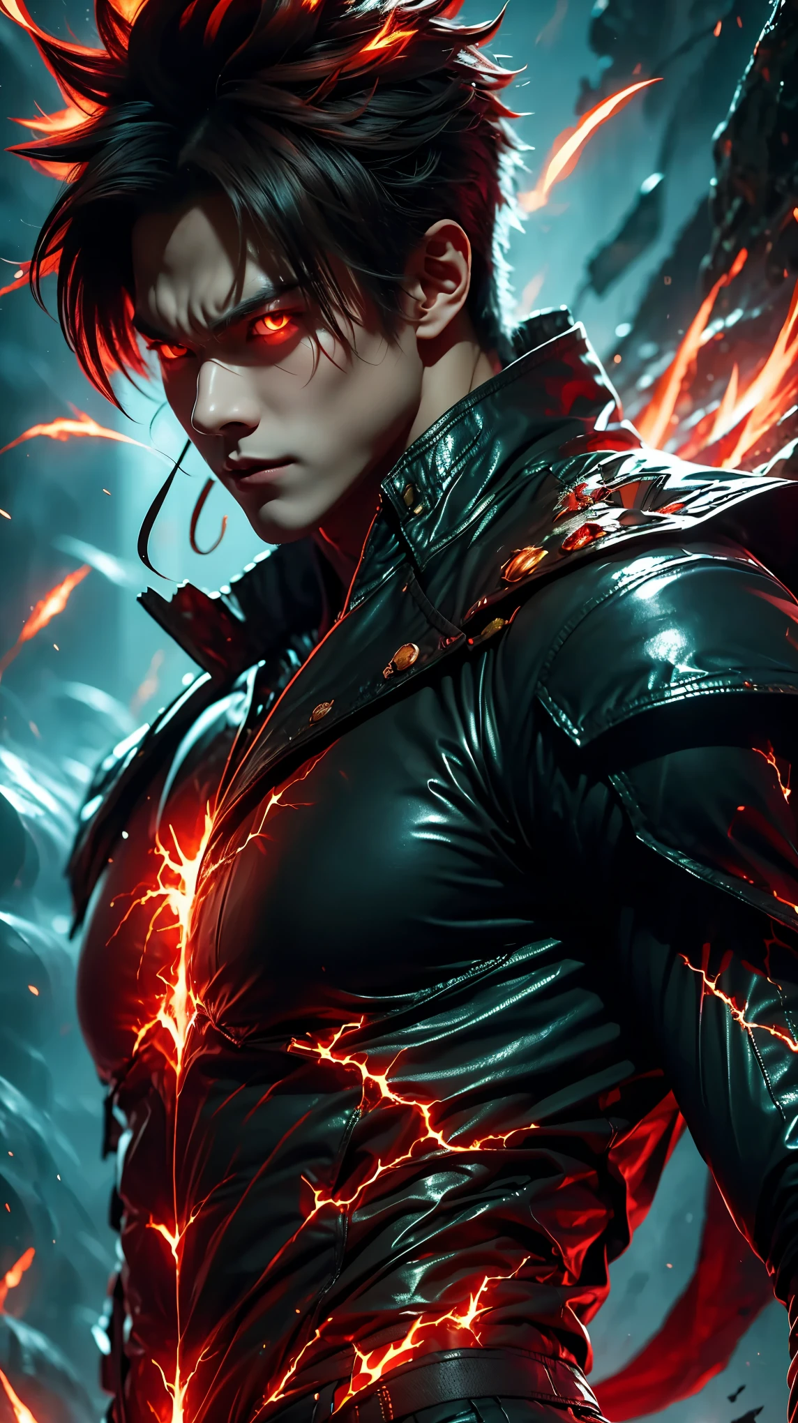 grand anime style, purple lightning, sinister mood, 20-year-old dark assassin, beautiful composition, solo, glowing black aura, dark overseer, handsome face, radiant and majestic. Perfectly sculpted body and complete body structure. Full-body shot of a man with lightning in his hand, a grand anime about a man with purple energy, black dragon armor, in a fighting stance with dark hair and glowing eyes looking at the viewer. Cool Gapmoe Yandere, threatening gaze, Hijikata Toushirou from Gintama, inspired by Masanobu Okumura, the creator of anime art style, Nobutaka Ike, with a night battle unfolding behind him. Highest image quality 16K, detailing everything in 16K.