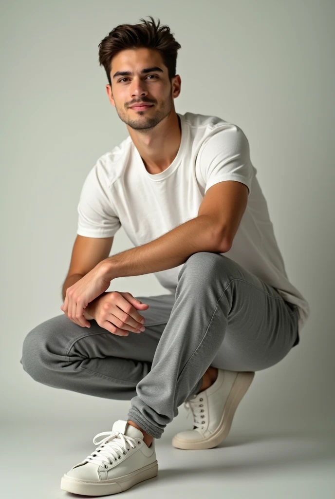 45 year old man, relaxed style, loose beige cable knit cardigan with a deep V-neck under a white t-shirt, wide and comfortable light brown trousers.  ", showing signs of wear. Casual sandals and white socks. Short hair and goatee, relaxed and unconventional man, background 45 year old man, relaxed style, loose beige cable knit cardigan with a deep V-neck under a white t-shirt, wide and comfortable light brown trousers.  ", showing signs of wear. Casual sandals and white socks. Short hair and goatee, relaxed and unconventional man."