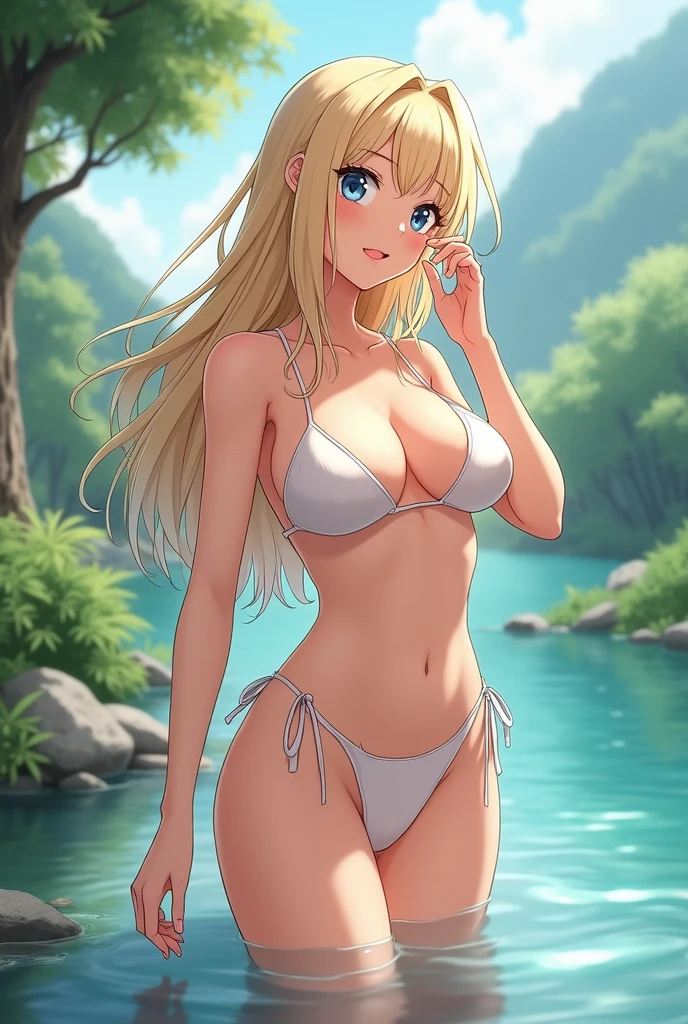 fullnude,small tits,Best Quality, 1girl in, masutepiece, Best Quality, 8K, Detailed skin texture, ((beautifull detailed face)), Intricate details, Long Blonde Hair, Parted bangs, Twin-tailed, Detailed blue eyes, Shy, (Half body:1.1), 18 years old, cleavage, (depth of fields:1.2), blush, kindly smile, Wet body, (Nipples through clothes:0.7), walk barefoot on the lake, Trees), (waterfall in the background:0.7)