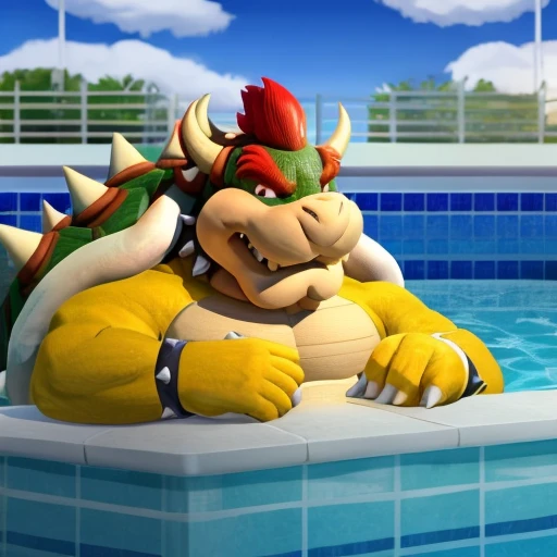 Fat Bowser big belly and his big chunky body and his big Butt cheeks in the swimming pool 