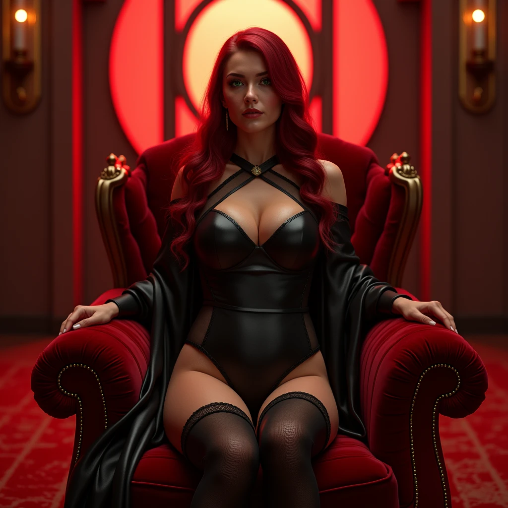 Create an erotic girl on an armchair with red curtains in the background, the girl is 2, light brown eyes, Her eyebrows are well defined, Her lips are pink turning red, Her hair is red and long, wears a tight black collar around his neck, is in a robe on the armchair, The complexion of her feet is white and her bare legs are visible..