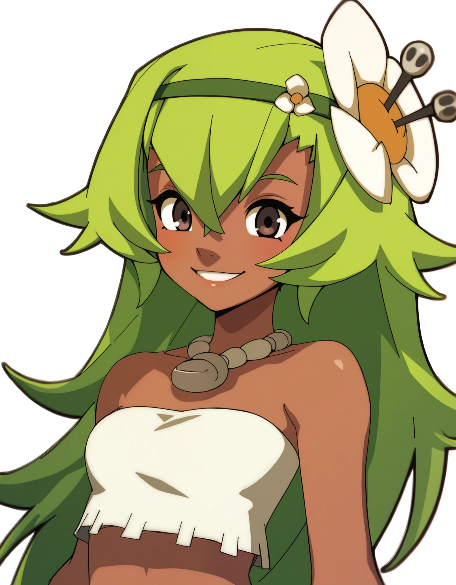 score_9, score_8_up, score_7_up, score_6_up, BREAK, source_cartoon, source_anime, 1girl, amaliayoung, amalia sheran sharm,, green hair, long hair, hair flower, dark skin, bare shoulders, tube top, upper body, smile, looking at viewer, solo, simple background