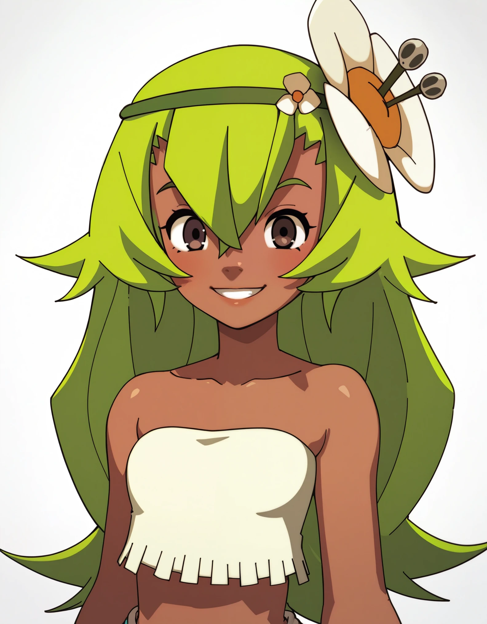 score_9, score_8_up, score_7_up, score_6_up, BREAK, source_cartoon, source_anime, 1girl, amaliayoung, amalia sheran sharm,, green hair, long hair, hair flower, dark skin, bare shoulders, tube top, upper body, smile, looking at viewer, solo, simple background