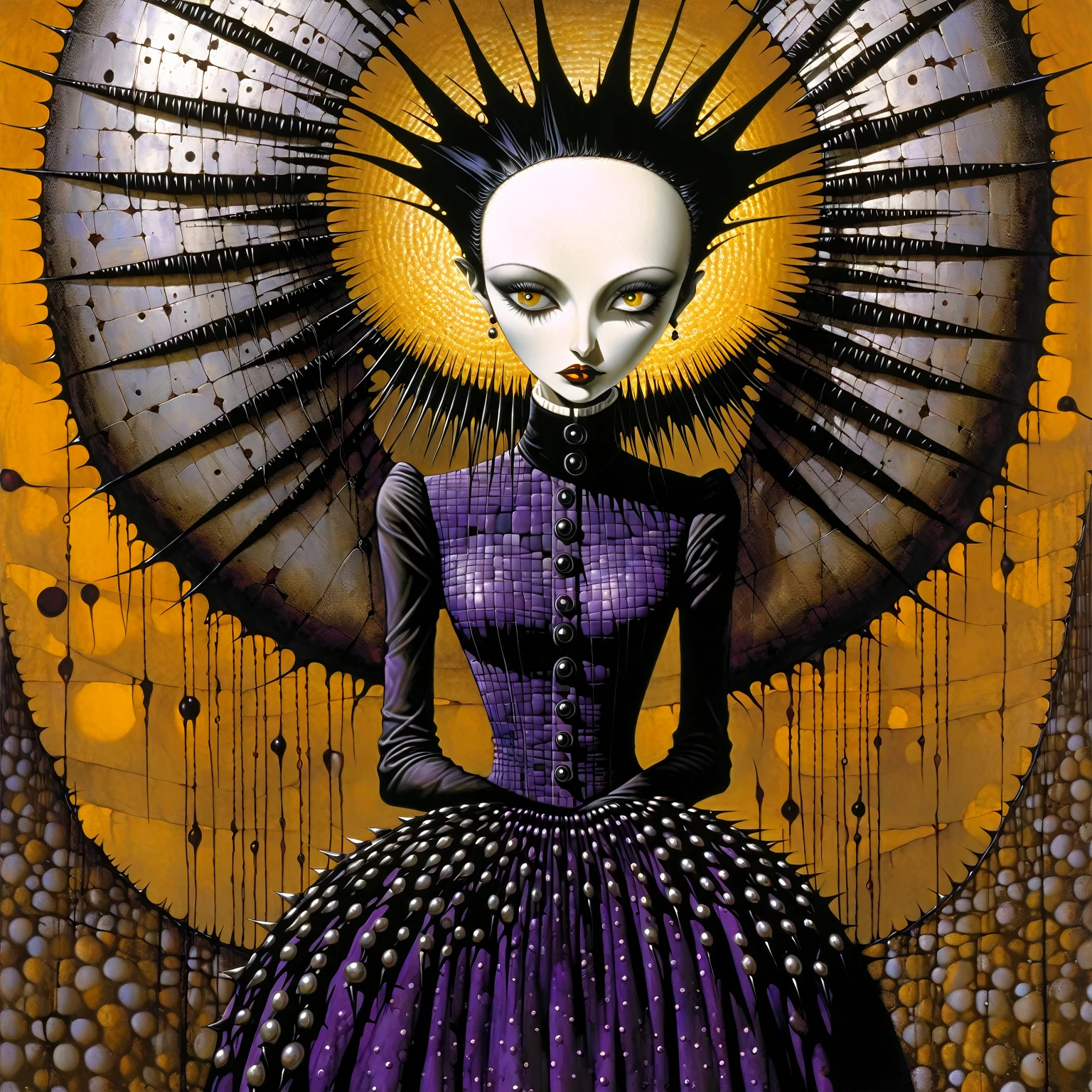 Patchwork by Dave Mckean, Esau Andrews, Rafal Olbinski, picture painted with gel nail polish: A woman with a smooth face, aluminum egg narrow end down, black hair sticking out in spikes at the back - liberty spikes. Dressed in flowing, purple glitter dress with texture, reminiscent of a blackberry - with rounded, protruding blister-growths, which gives it volume and creates a sense of life, with high, fan collar, she is fanning herself. Background - plain Orpiment. Surreality, moveton, oddity, unusual geometric shapes and patterns, bizarre contrast, over-elaboration.
