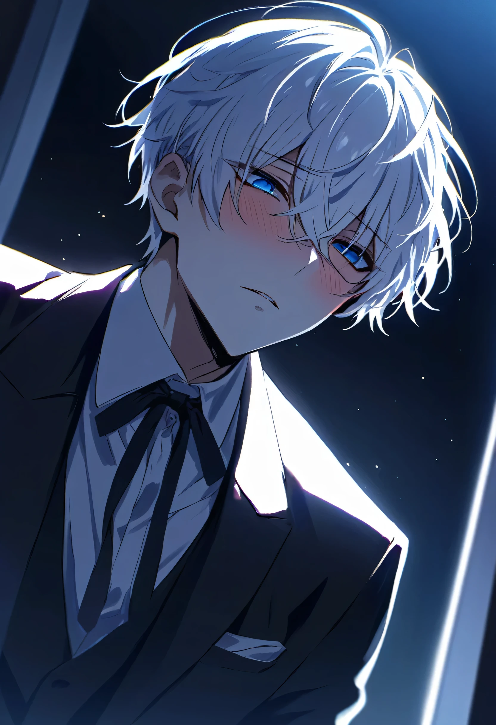 handsome, Alone, 1 male、Attractive eyes、masterpiece, Best quality,He is looking in this direction.、White hair, short hair, Bright, deep blue eyes, Yandere, Moonlight coming in, Light comes in, night, dark atmosphere, dark lighting, Look up, Stylish black and white outfit, questionable, 20s, blush, In love, Inside the office, shy look